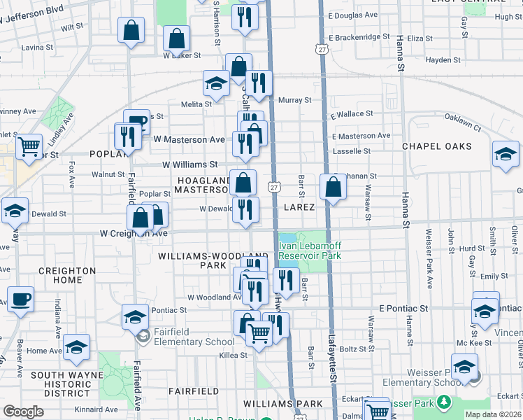 map of restaurants, bars, coffee shops, grocery stores, and more near 123 East Dewald Street in Fort Wayne