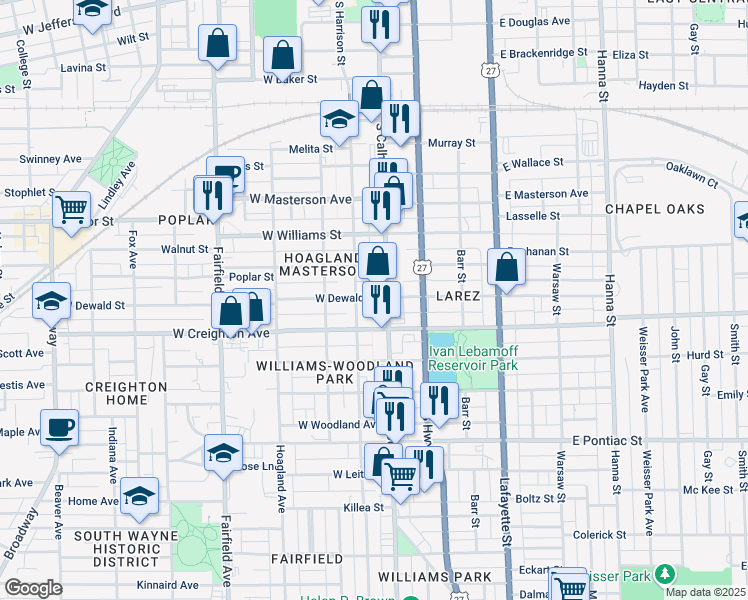 map of restaurants, bars, coffee shops, grocery stores, and more near 2126 South Calhoun Street in Fort Wayne