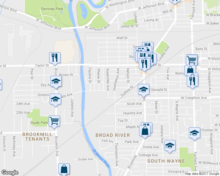 map of restaurants, bars, coffee shops, grocery stores, and more near 2116 Riedmiller Avenue in Fort Wayne