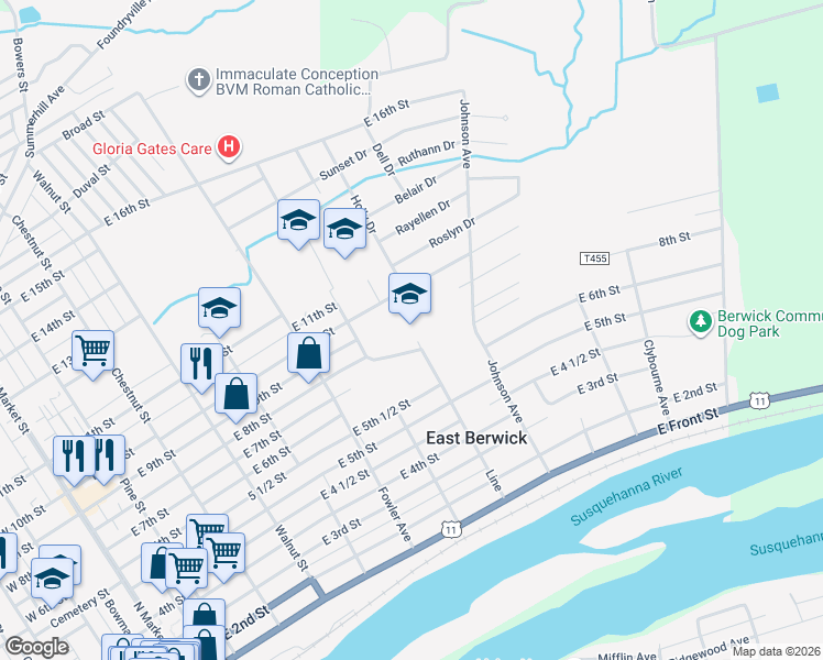 map of restaurants, bars, coffee shops, grocery stores, and more near 810 East 10th Street in Berwick