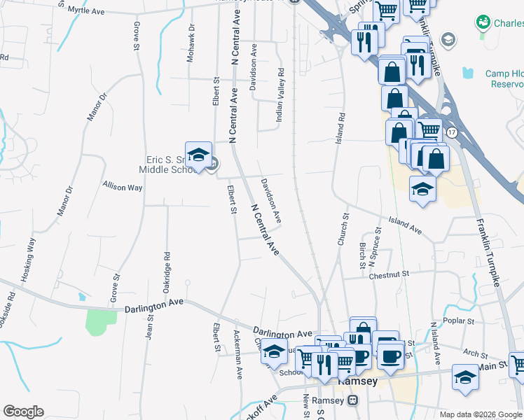 map of restaurants, bars, coffee shops, grocery stores, and more near 267 North Central Avenue in Ramsey