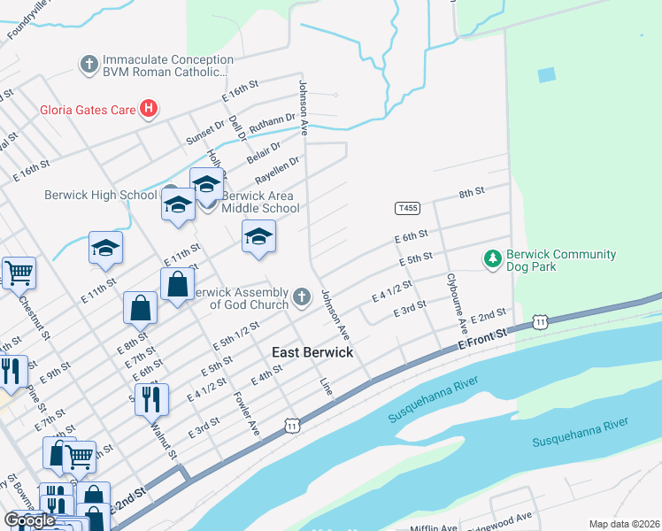 map of restaurants, bars, coffee shops, grocery stores, and more near 1001-1007 E 6th St in Berwick