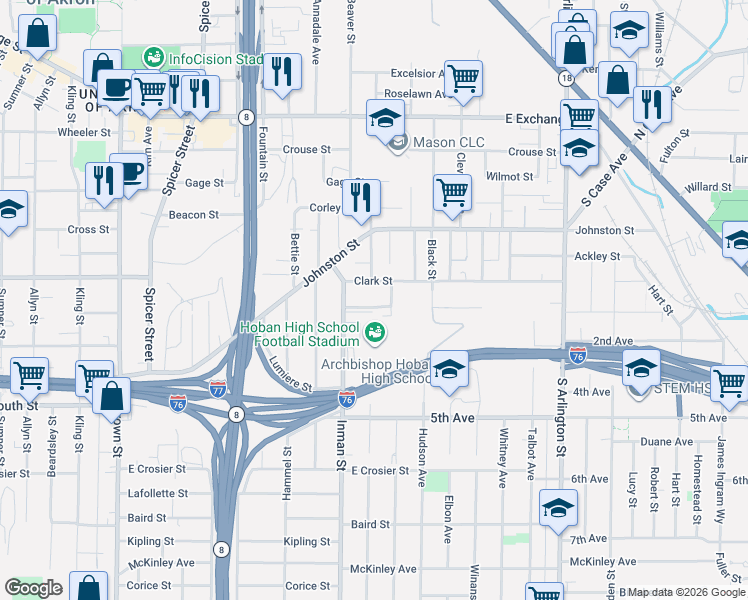 map of restaurants, bars, coffee shops, grocery stores, and more near 846 Clark Street in Akron