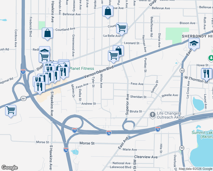 map of restaurants, bars, coffee shops, grocery stores, and more near 968 Fess Avenue in Akron