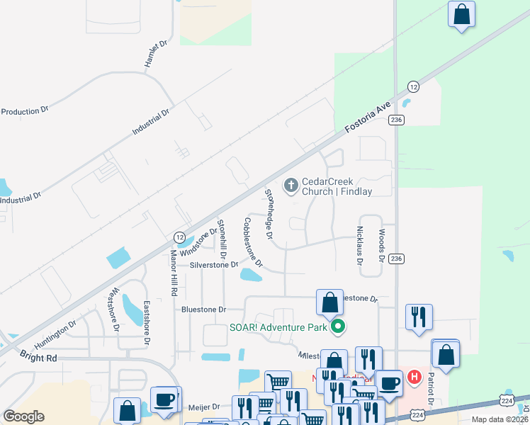 map of restaurants, bars, coffee shops, grocery stores, and more near 2112 Cobblestone Drive in Findlay