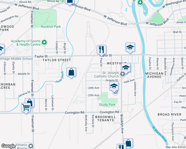 map of restaurants, bars, coffee shops, grocery stores, and more near 2234 Eby Avenue in Fort Wayne