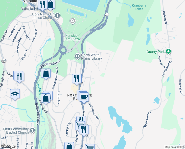 map of restaurants, bars, coffee shops, grocery stores, and more near 124 Nethermont Avenue in White Plains