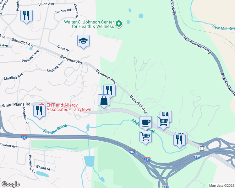 map of restaurants, bars, coffee shops, grocery stores, and more near 31 Maple Avenue in Tarrytown