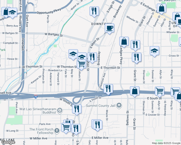 map of restaurants, bars, coffee shops, grocery stores, and more near 772 South Main Street in Akron