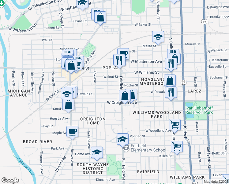 map of restaurants, bars, coffee shops, grocery stores, and more near 608 West Dewald Street in Fort Wayne