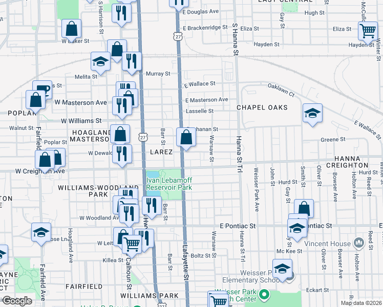 map of restaurants, bars, coffee shops, grocery stores, and more near 419 East Dewald Street in Fort Wayne