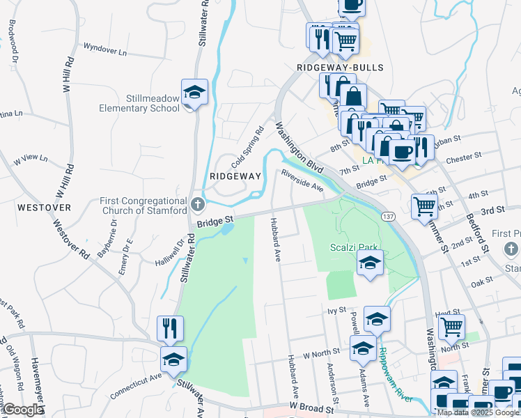 map of restaurants, bars, coffee shops, grocery stores, and more near 272 Hubbard Avenue in Stamford