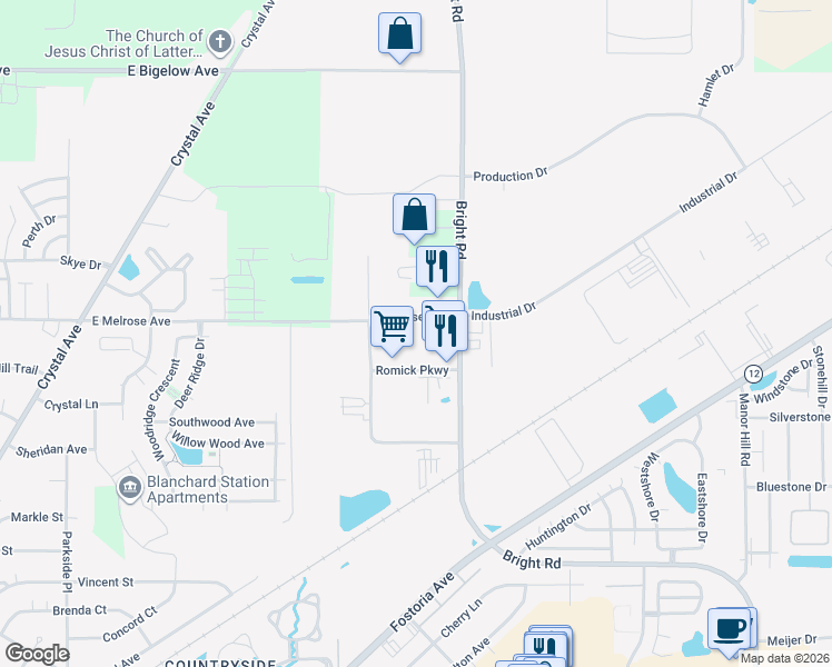 map of restaurants, bars, coffee shops, grocery stores, and more near 1745 East Melrose Avenue in Findlay