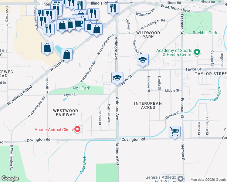 map of restaurants, bars, coffee shops, grocery stores, and more near Taylor Street in Fort Wayne