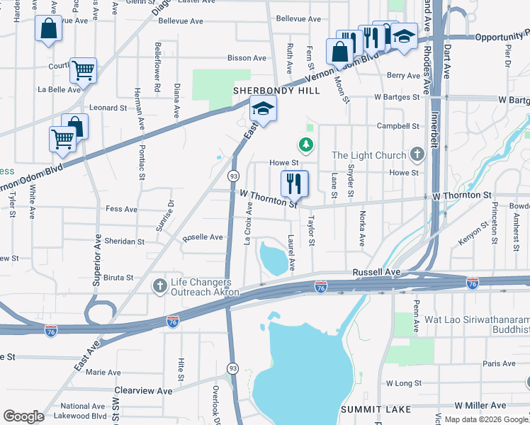 map of restaurants, bars, coffee shops, grocery stores, and more near 588 West Thornton Street in Akron