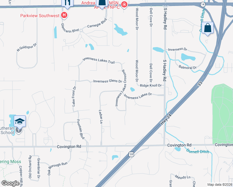 map of restaurants, bars, coffee shops, grocery stores, and more near 7726 Inverness Lakes Drive in Fort Wayne