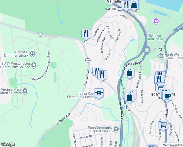 map of restaurants, bars, coffee shops, grocery stores, and more near 130 Virginia Road in White Plains
