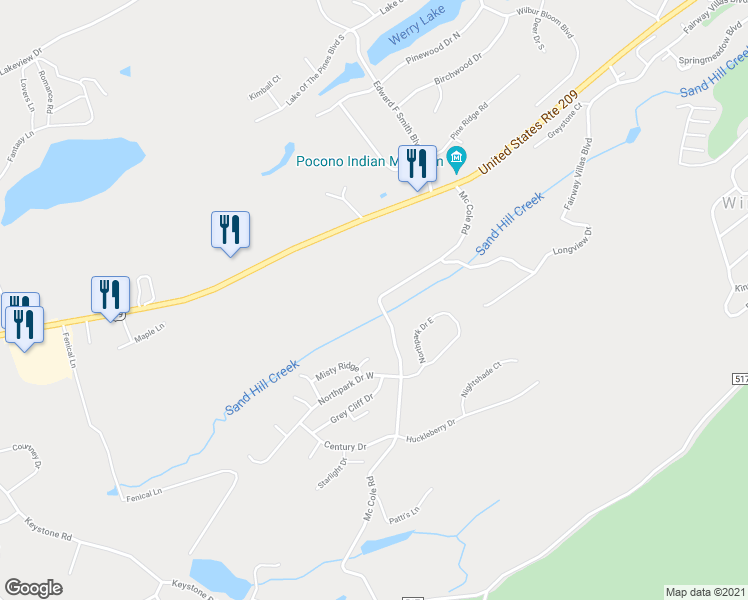 map of restaurants, bars, coffee shops, grocery stores, and more near 265 Mc Cole Road in East Stroudsburg