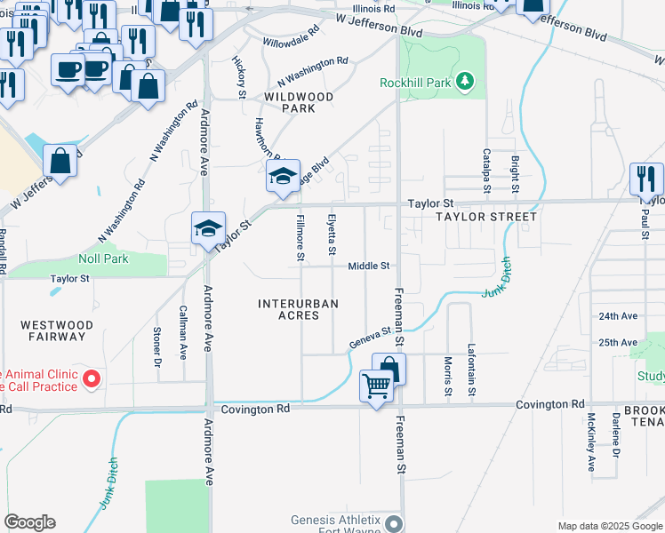 map of restaurants, bars, coffee shops, grocery stores, and more near 3400 Middle Street in Fort Wayne