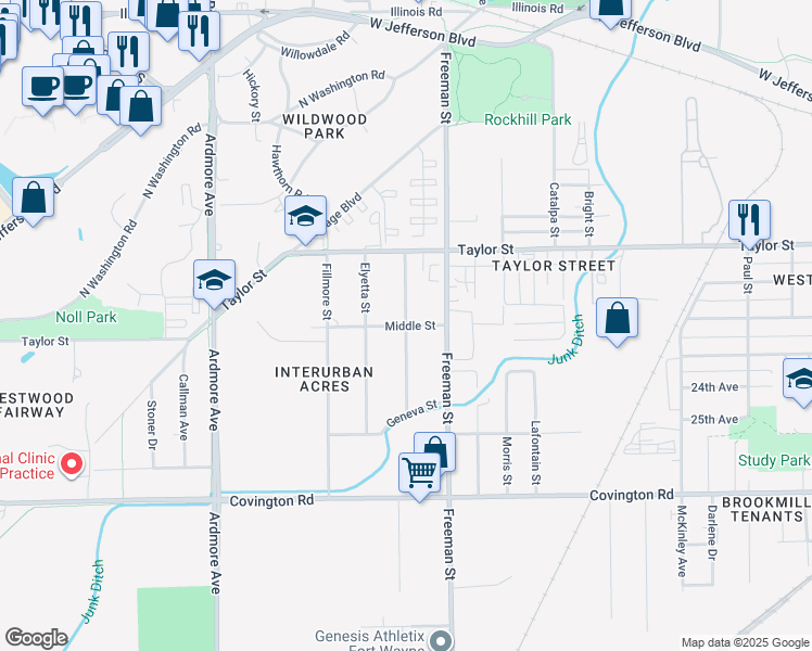 map of restaurants, bars, coffee shops, grocery stores, and more near 3300 Middle Street in Fort Wayne