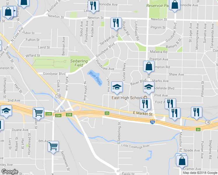 map of restaurants, bars, coffee shops, grocery stores, and more near 74 Elinor Avenue in Akron