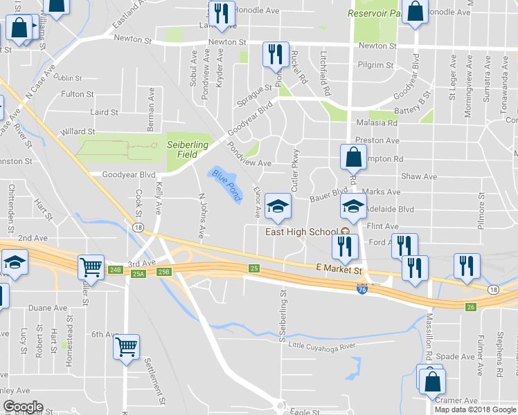 map of restaurants, bars, coffee shops, grocery stores, and more near Elinor Avenue in Akron