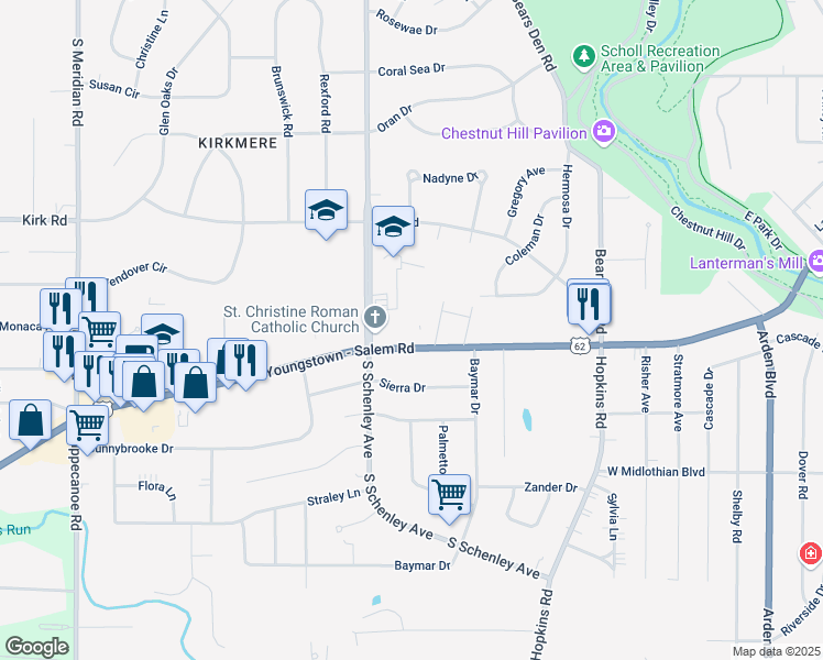 map of restaurants, bars, coffee shops, grocery stores, and more near 2300 Canfield Road in Youngstown