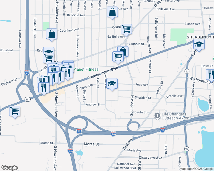 map of restaurants, bars, coffee shops, grocery stores, and more near 1478 White Avenue in Akron