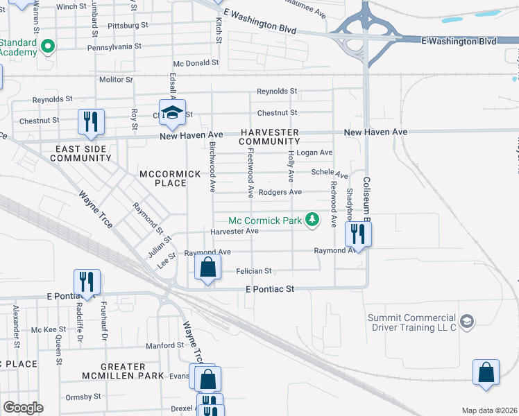 map of restaurants, bars, coffee shops, grocery stores, and more near 3429 McCormick Avenue in Fort Wayne