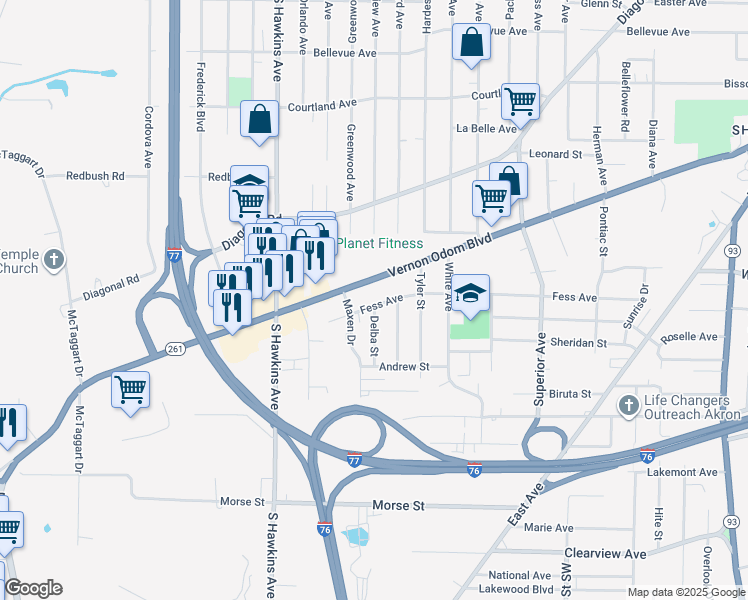 map of restaurants, bars, coffee shops, grocery stores, and more near 1091 Fess Avenue in Akron