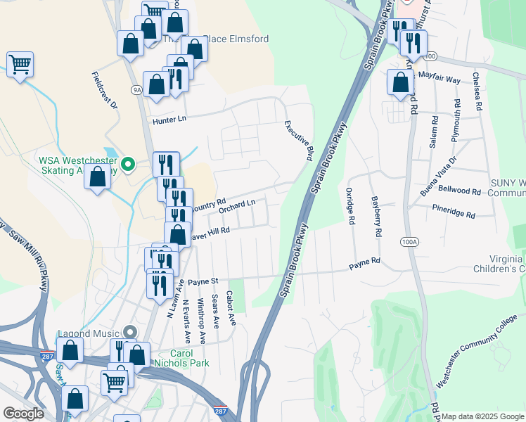 map of restaurants, bars, coffee shops, grocery stores, and more near 11 Hillview Place in Elmsford
