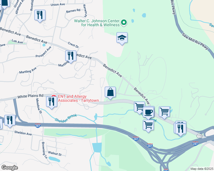 map of restaurants, bars, coffee shops, grocery stores, and more near 412 Benedict Avenue in Tarrytown