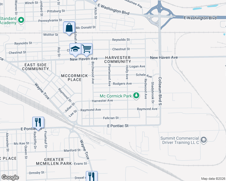map of restaurants, bars, coffee shops, grocery stores, and more near 3429 McCormick Avenue in Fort Wayne