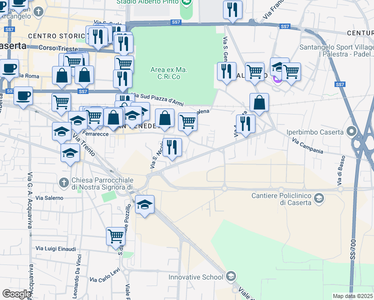 map of restaurants, bars, coffee shops, grocery stores, and more near Vicolo Sant'Antonio in Caserta