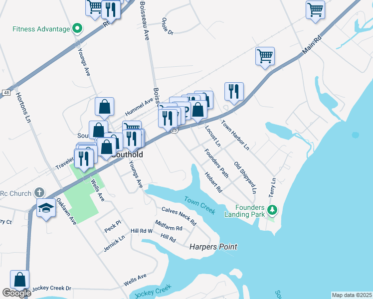 map of restaurants, bars, coffee shops, grocery stores, and more near 660 Hobart Road in Southold