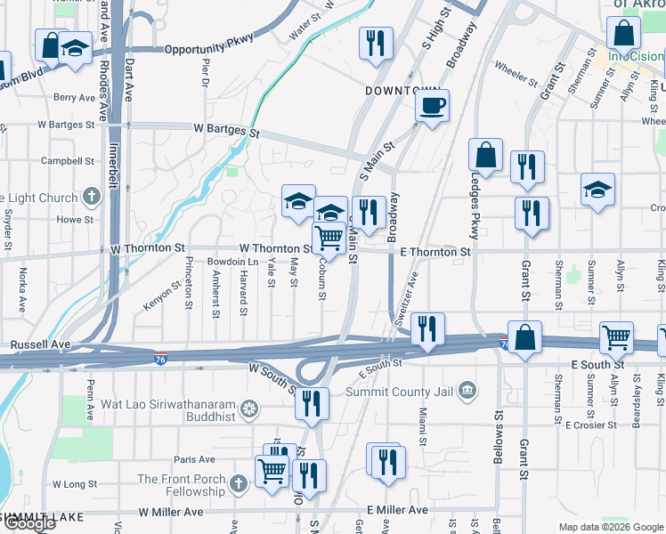 map of restaurants, bars, coffee shops, grocery stores, and more near 772 South Main Street in Akron