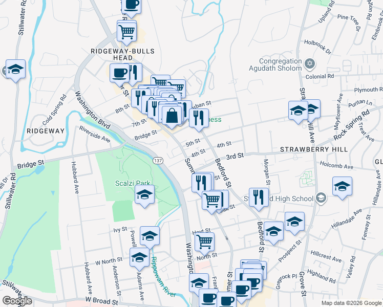 map of restaurants, bars, coffee shops, grocery stores, and more near 50 4th Street in Stamford