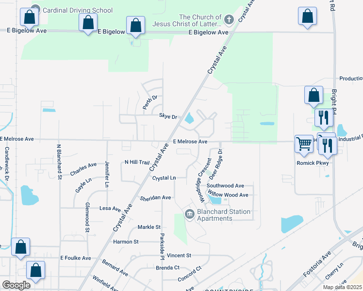 map of restaurants, bars, coffee shops, grocery stores, and more near 2040 Breckinridge Apartment in Findlay