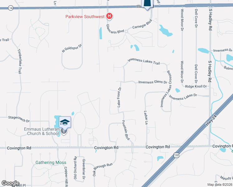 map of restaurants, bars, coffee shops, grocery stores, and more near 2004 Lake Front Drive in Fort Wayne