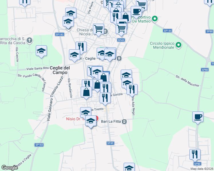 map of restaurants, bars, coffee shops, grocery stores, and more near 8 Vico II Fiume in Bari