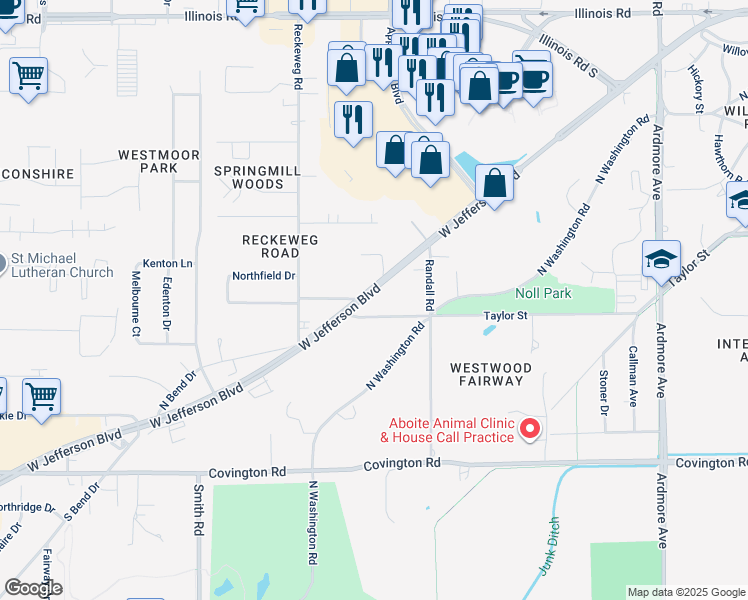 map of restaurants, bars, coffee shops, grocery stores, and more near 4721 West Jefferson Boulevard in Fort Wayne