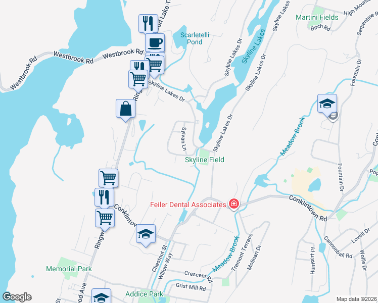 map of restaurants, bars, coffee shops, grocery stores, and more near 24 Sylvan Lane in Ringwood