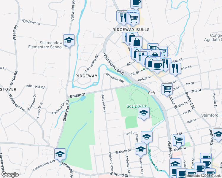 map of restaurants, bars, coffee shops, grocery stores, and more near 120 Bridge Street in Stamford