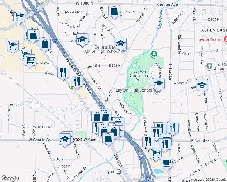 map of restaurants, bars, coffee shops, grocery stores, and more near 382 Church Street in Layton
