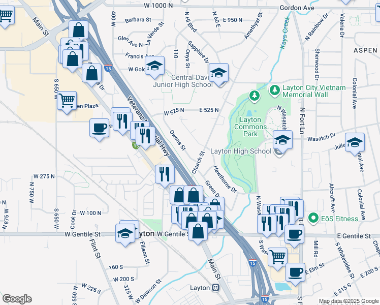map of restaurants, bars, coffee shops, grocery stores, and more near 332 Owens Street in Layton
