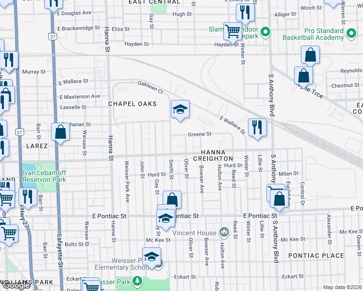 map of restaurants, bars, coffee shops, grocery stores, and more near 2224 Oliver Street in Fort Wayne