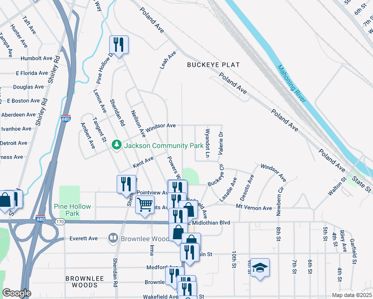 map of restaurants, bars, coffee shops, grocery stores, and more near 3593 Loveland Road in Youngstown