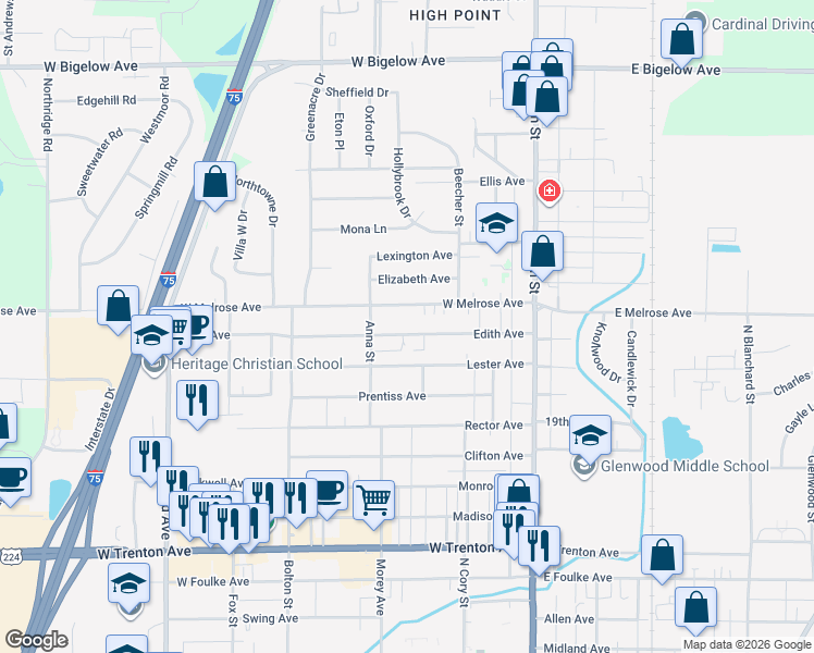 map of restaurants, bars, coffee shops, grocery stores, and more near 314 Edith Avenue in Findlay