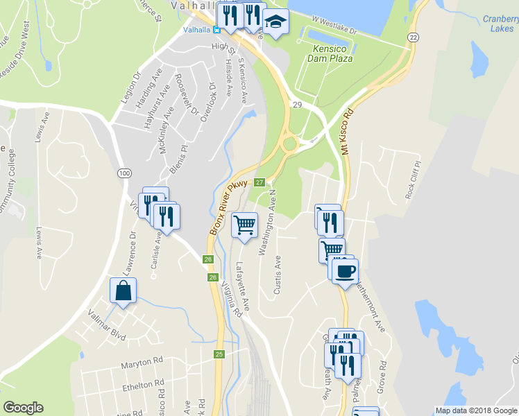 map of restaurants, bars, coffee shops, grocery stores, and more near 160 Lafayette Avenue in White Plains