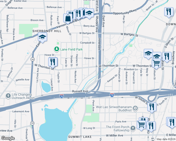 map of restaurants, bars, coffee shops, grocery stores, and more near 1048 Nathan Street in Akron